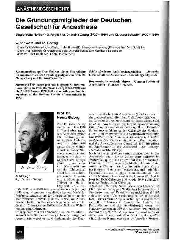 Vorschauseite 1: Die Gründungsmitglieder der Deutschen Gesellschaft für Anaesthesie Biografische Notizen - 2. Folge