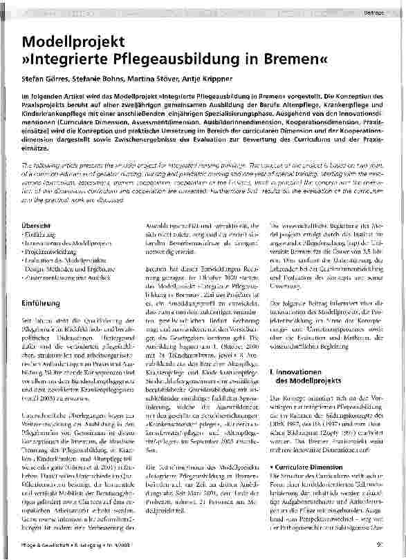 Vorschauseite 1: Modellprojekt Integrierte Pflegeausbildung in Bremen