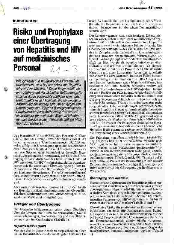 Vorschauseite 1: Risiko und Prophylaxe einer Übertragung von Hepatitis und HIV auf medizinisches Personal