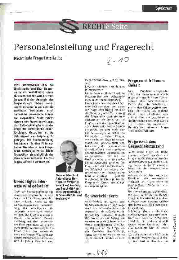 Vorschauseite 1: Personaleinstellung und Fragerecht Nicht jede Frage ist erlaubt