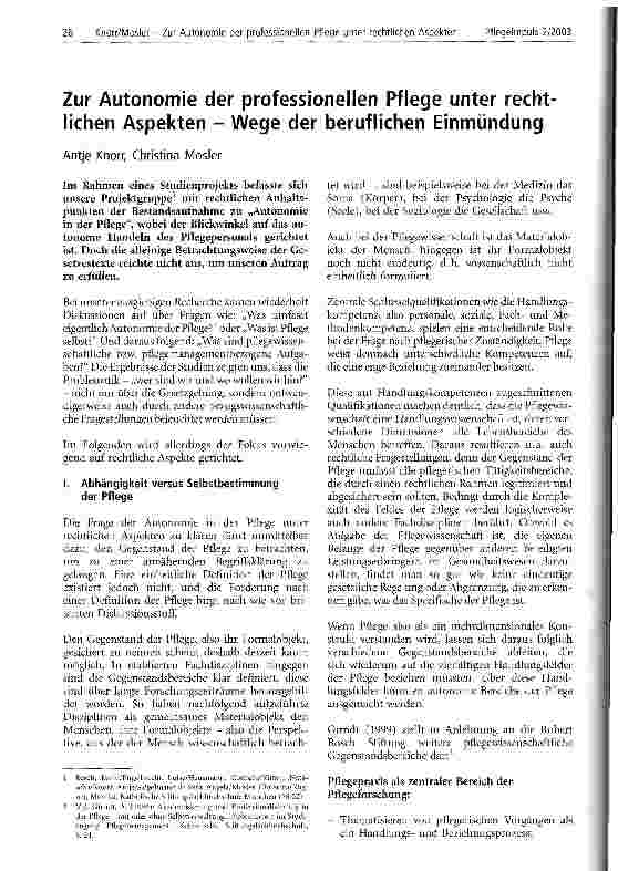 Vorschauseite 1: Zur Autonomie der professionellen Pflege unter rechtlichen Aspekten - Wege der beruflichen Einmündung
