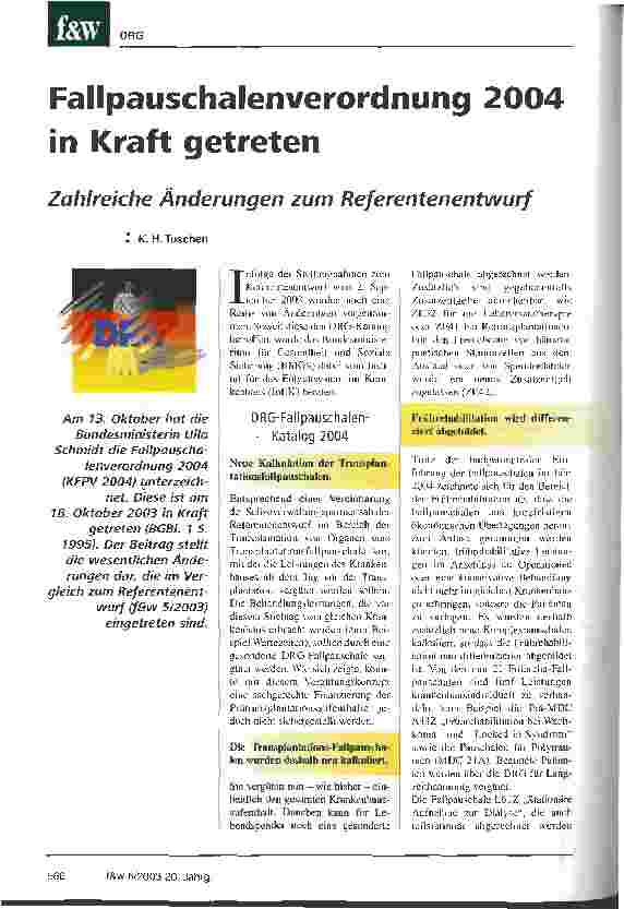 Vorschauseite 1: Fallpauschalenverordnung 2004 in Kraft getreten Zahlreiche Änderungen zum Referentenentwurf