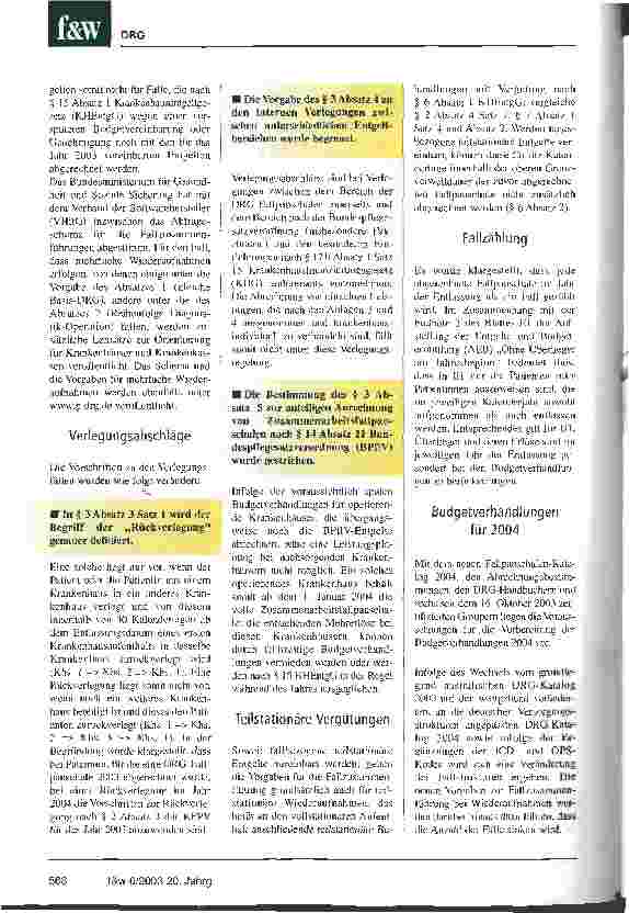 Vorschauseite 3: Fallpauschalenverordnung 2004 in Kraft getreten Zahlreiche Änderungen zum Referentenentwurf