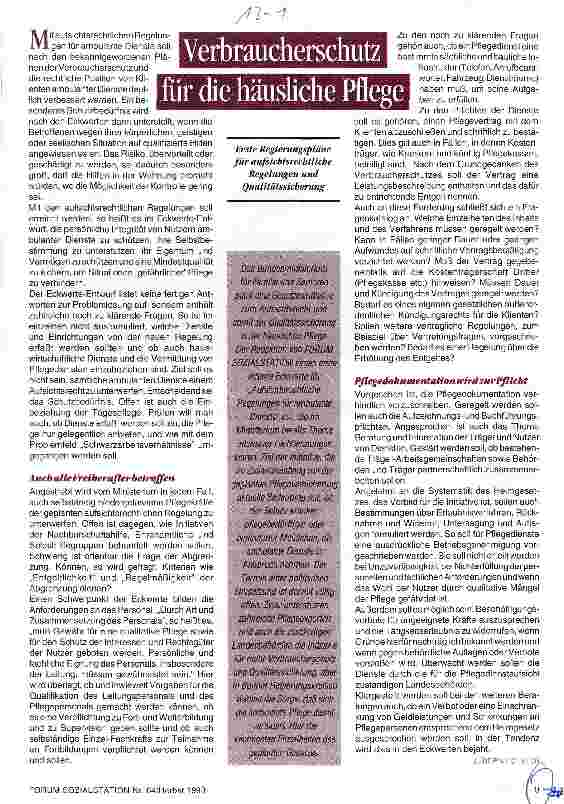 Vorschauseite 1: Verbraucherschutz für die häusliche Pflege Erste Regierungspläne für aufsichtsrechtliche Regelungen und Qualitätssicherung