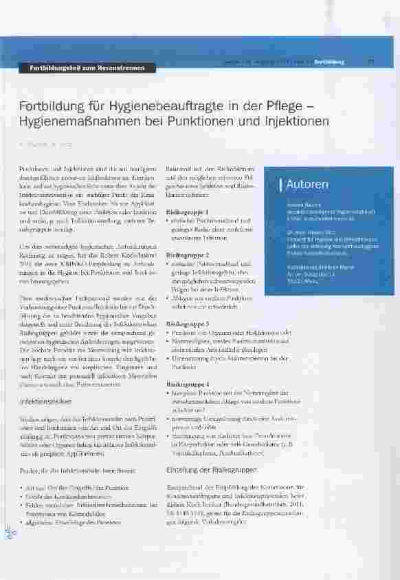 Vorschauseite 1: Fortbildung für Hygienebeauftragte in der Pflege - Hygienemaßnahmen bei Punktionen und Injektionen