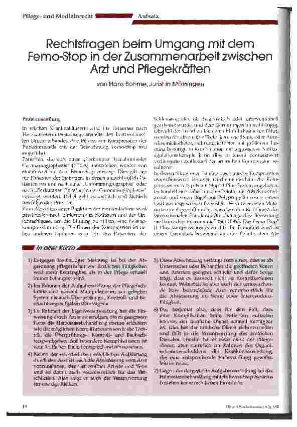 Vorschauseite 1: Rechtsfragen beim Umgang mit dem Femo-Stop in der Zusammenarbeit zwischen Arzt und Pflegekräften