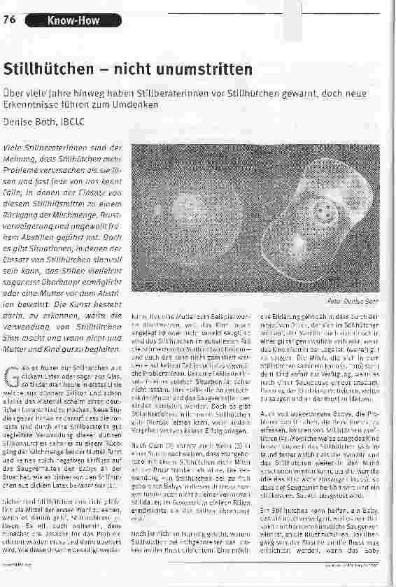 Vorschauseite 1: Stillhütchen - nicht unumstrittenÜber viele Jahre hinweg haben Stillberaterinnen vor Stillhütchen gewarnt, doch neue Erkenntnisse führen zum Umdenken