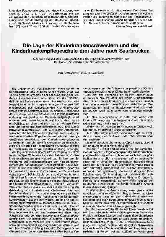 Vorschauseite 1: Die Lage der Kinderkrankenschwestern und der Kinderkrankenpflegeschule drei Jahre nach Saarbrücken