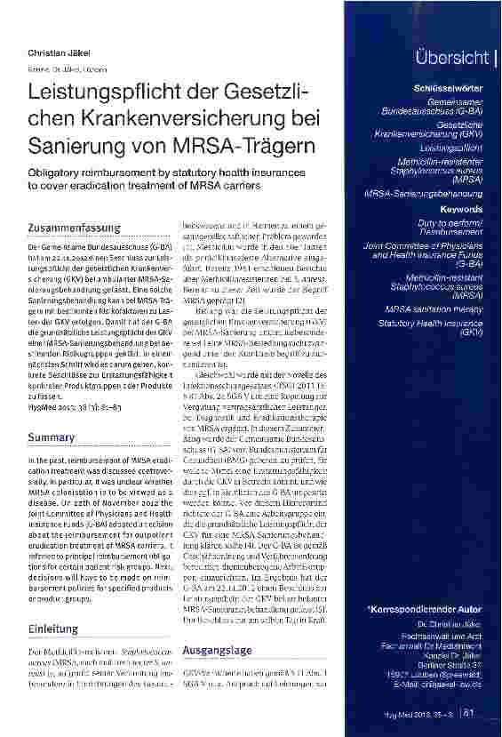 Vorschauseite 1: Leistungspflicht der Gesetzlichen Krankenversicherung bei Sanierung von MRSA-Trägern