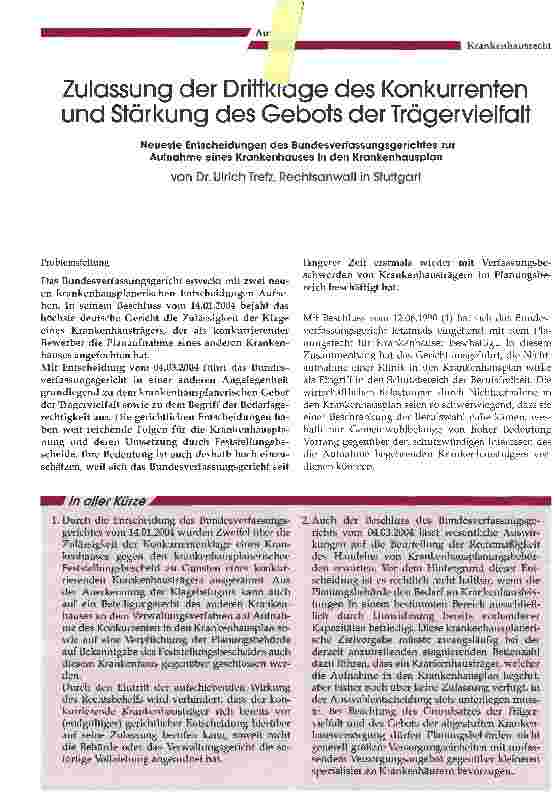 Vorschauseite 1: Zulassung der Drittkiage des Konkurrenten und Stärkung des Gebots der Trägervielfalt