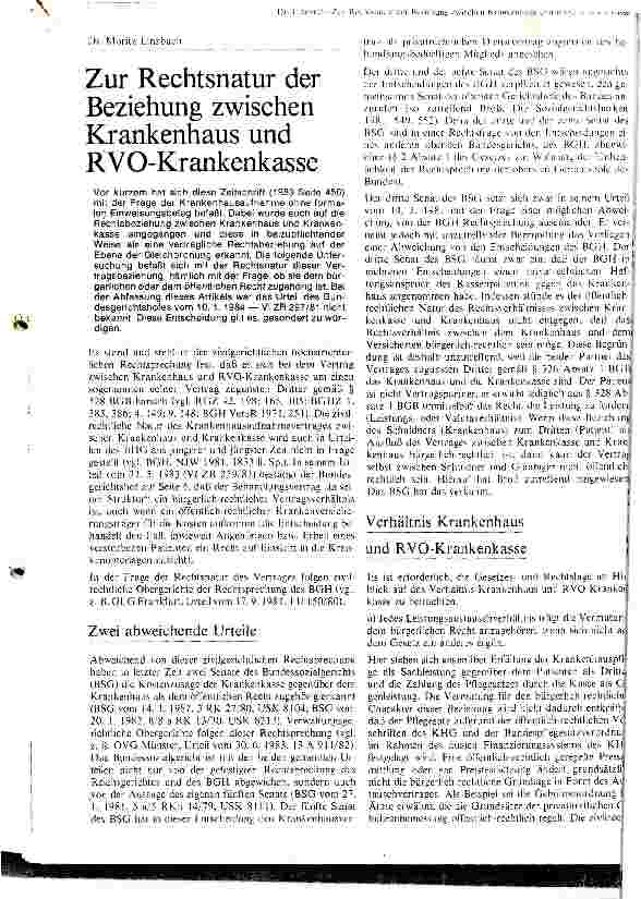 Vorschauseite 1: Zur Rechtsnatur der Beziehung zwischen Krankenhaus und RVO Krankenkassen