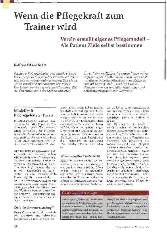 Vorschauseite 1: Wenn die Pflegekraft zum Trainer wirdVerein erstellt eigenes Pflegemodell Als Patient Ziele selbst bestimmen