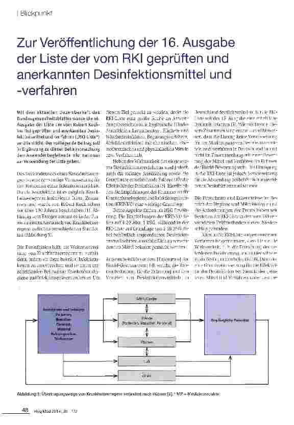 Vorschauseite 1: Zur Veröffentlichung der 16. Ausgabe der Liste der vom RKI geprüften und anerkannten Desinfektionsmittel und -verfahren