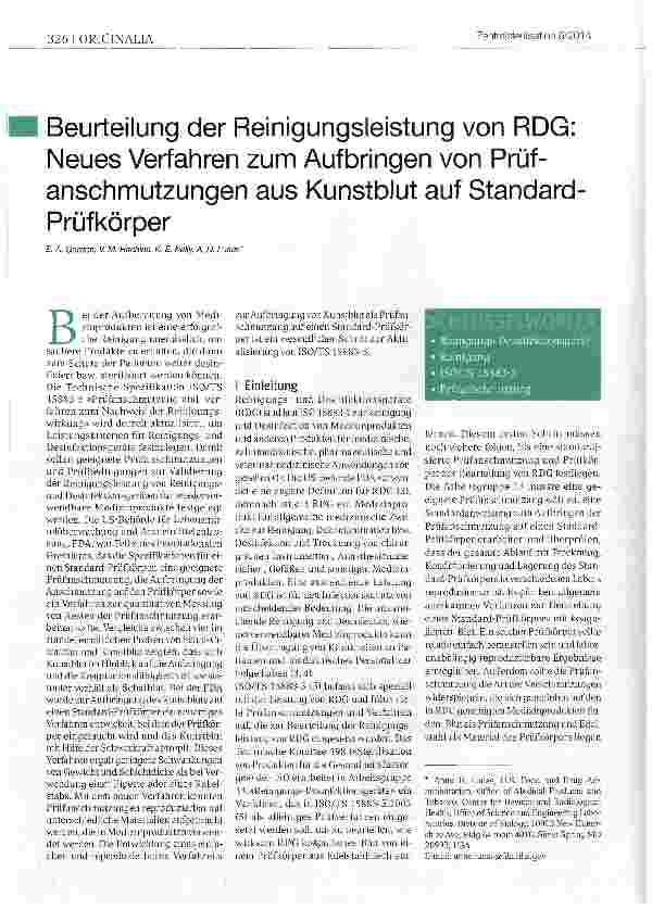 Vorschauseite 1: Beurteilung der Reinigungsleistung von RDG: Neues Verfahren zum Aufbringen von Prüfanschmutzungen aus Kunstblut auf Standard Prüfkörper