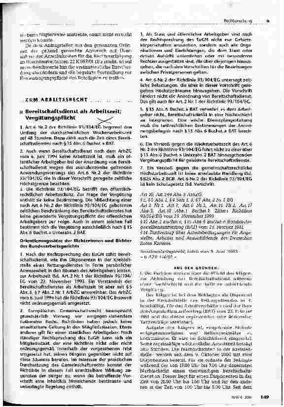 Vorschauseite 1: Bereitschaftsdienst als Arbeitszeit; Vergütungspflicht Bundesarbeitsgericht, Urteil vom 5. Juni 2003