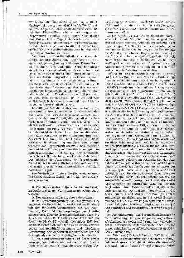 Vorschauseite 2: Bereitschaftsdienst als Arbeitszeit; Vergütungspflicht Bundesarbeitsgericht, Urteil vom 5. Juni 2003