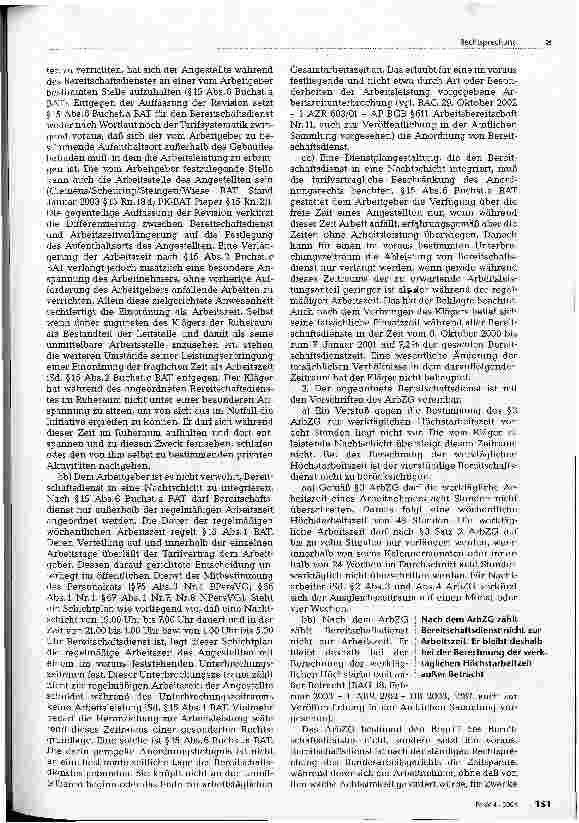 Vorschauseite 3: Bereitschaftsdienst als Arbeitszeit; Vergütungspflicht Bundesarbeitsgericht, Urteil vom 5. Juni 2003
