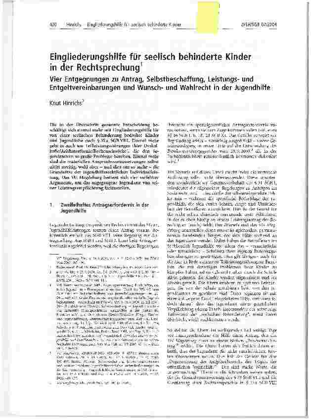 Vorschauseite 1: Eingliederungshilfe für seelisch behinderte Kinder in der RechtsprechungVier Entgegnungen zu Antrag, Selbstbeschaffung, Leistungsund Entgeltvereinbarungen und Wunschund Wahlrecht…