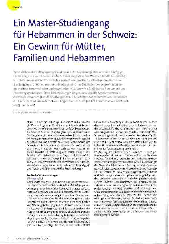 Vorschauseite 1: Ein Master-Studiengang für Hebammen in der Schweiz: Ein Gewinn für Mütter, Familien und Hebammen