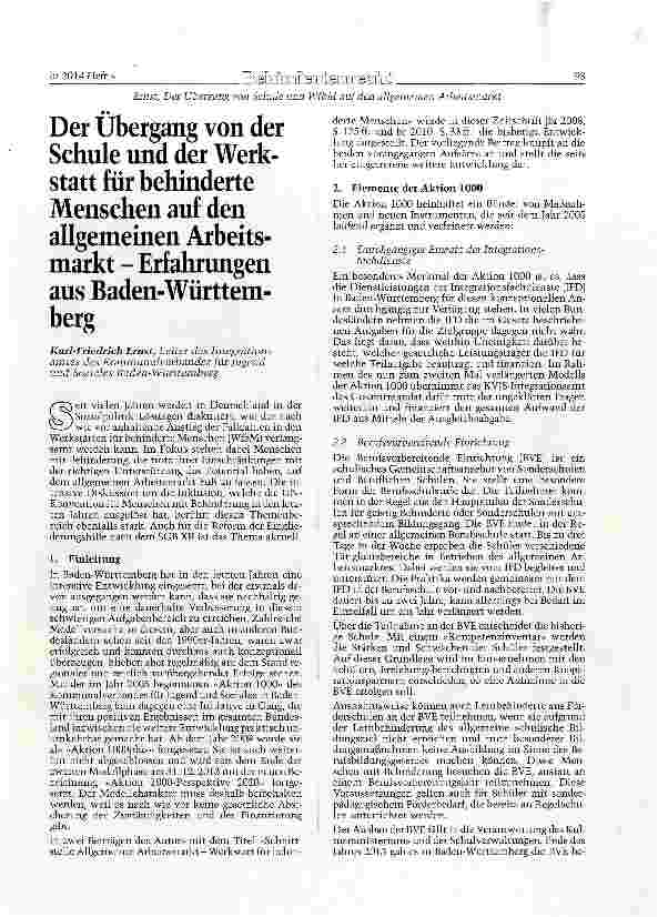 Vorschauseite 1: Der Übergang von der Schule und der Werkstatt für behinderte Menschen auf den allgemeinen Arbeitsmarkt - Erfahrungen aus Baden-Württemberg