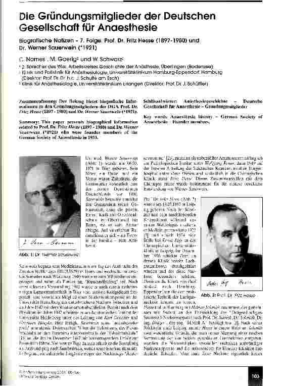 Vorschauseite 1: Die Gründungsmitglieder der Deutschen Gesellschaft für Anaesthesie Biografische Notizen - 7. Folge: Prof. Dr. Fritz Hesse und Dr. Werner Sauerwein