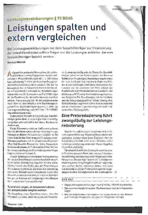 Vorschauseite 1: Leistungen spalten und extern vergleichen Leistungsvereinbarungen § 93 BSHG