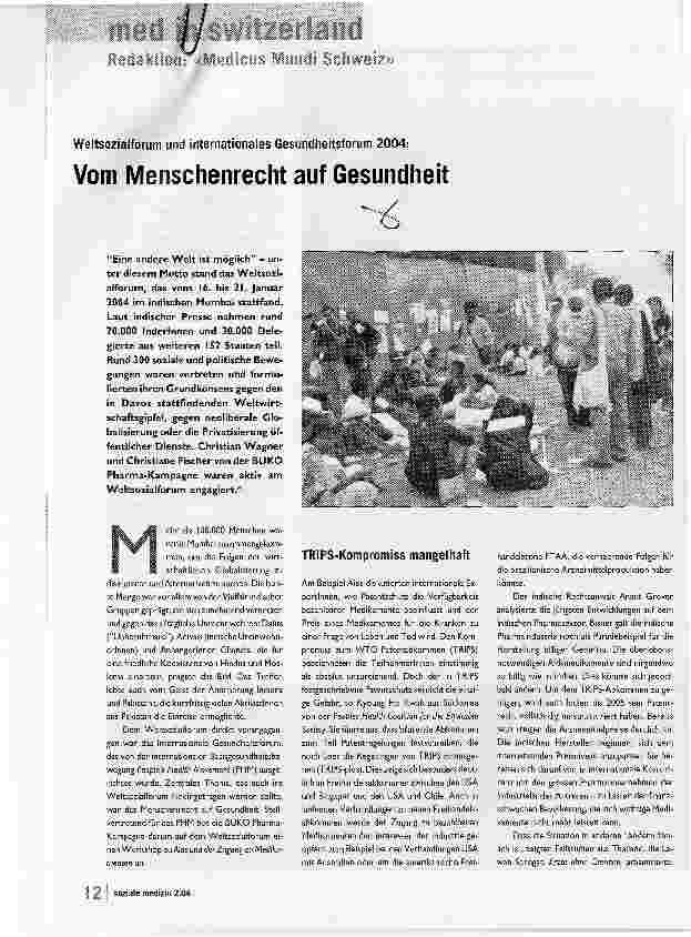 Vorschauseite 1: Vom Menschenrecht auf GesundheitWeltsozialforum und internationales Gesundheitsforum 2004