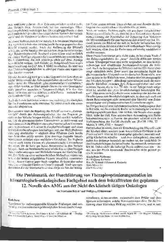 Vorschauseite 1: Die Problematik der Durchführung von Therapieoptimierungsstudien im hämatologisch-onkologischen Fachgebiet nach dem Inkrafttreten der geplanten 12. Novelle des AMG aus der Sicht d…
