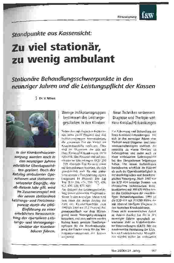 Vorschauseite 1: Standpunkt aus Kassensicht: Zu viel stationär, zu wenig ambulant Stationäre Behandlungsschwerpunkte in den neunziger Jahren und die Leistungspflicht der Kassen