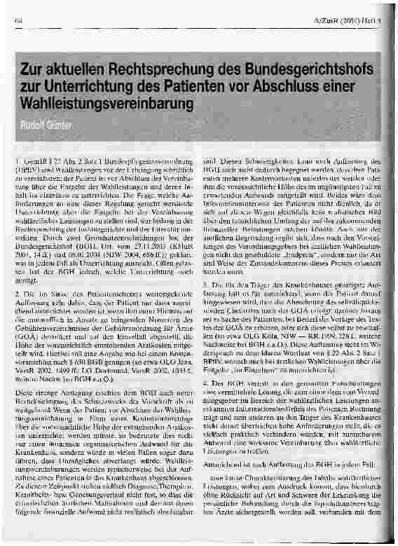 Vorschauseite 1: Zur aktuellen Rechtsprechung des Bundesgerichtshofs zur Unterrichtung des Patienten vor Abschluss einer Wahlleistung