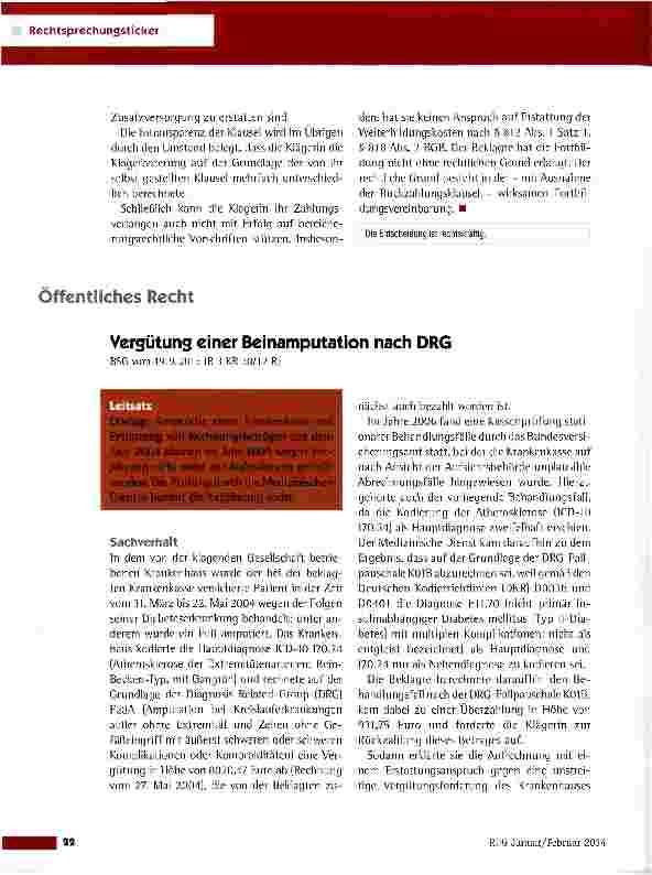Vorschauseite 1: Vergütung einer Beinamputation nach DRG BSG vom 19.9.2013 (B 3 KR 30/12 R)