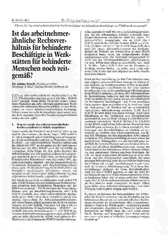 Vorschauseite 1: Ist das arbeitnehmerähnliche Rechtsverhältnis für behinderte Beschäftigte in Werkstätten für behinderte Menschen noch zeitgemäß?