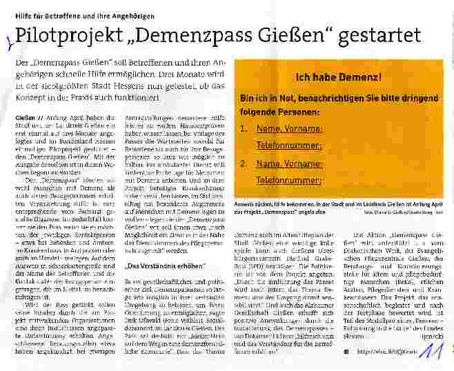 Vorschauseite 1: Hilfe für Betroffene und ihre AngehörigenPilotprojekt „Demenzpass Gießen gestartet