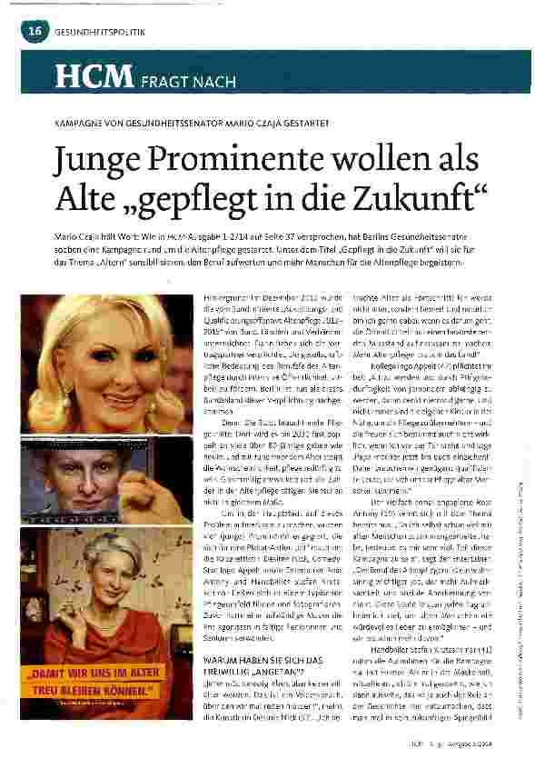 Vorschauseite 1: Junge Prominente wollen als Alte „gepflegt in die Zukunft