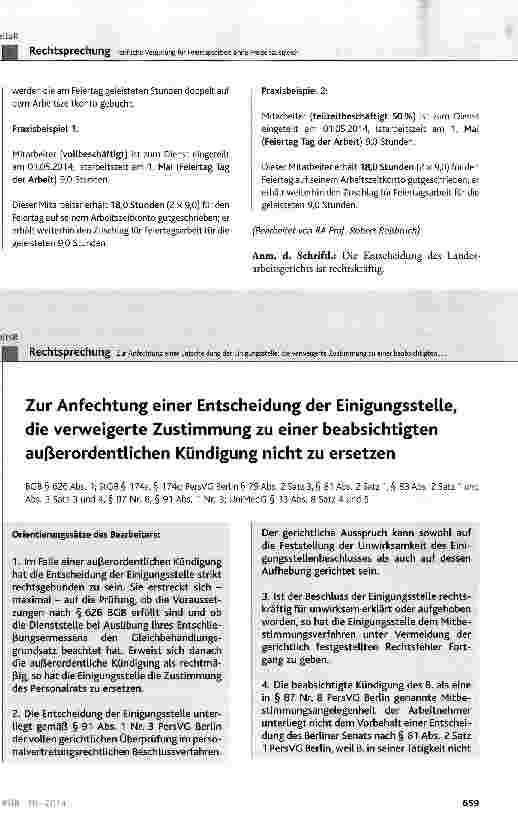 Vorschauseite 1: Zur Anfechtung einer Entscheidung der Einigungsstelle, die verweigerte Zustimmung zu einer beabsichtigten außerordentlichen Kündigung nicht zu ersetzen