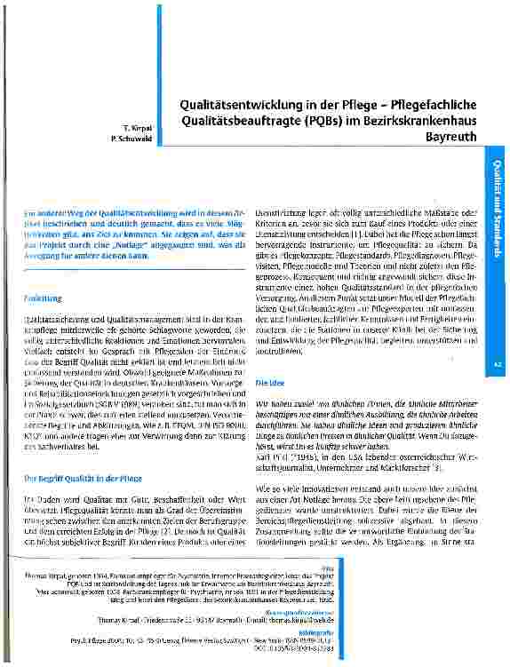 Vorschauseite 1: Qualitätsentwicklung in der Pflege Pflegefachliche Qualitätsbeauftragte (PQBs) im Bezirkskrankenhaus Bayreuth