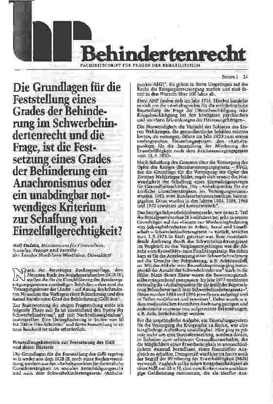 Vorschauseite 1: Die Grundlagen für die Feststellung eines Grades der Behinderung im Schwerbehindertenrecht Und die Frage, ist die Festsetzung eines Grades der Behinderung ein Anachronismus oder e…