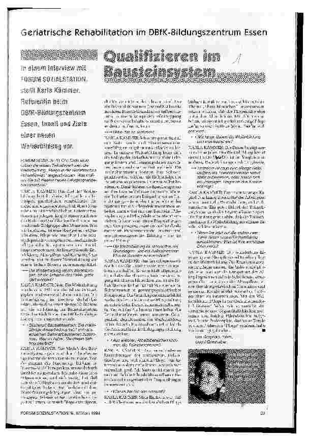 Vorschauseite 1: Qualifizieren im Bausteinsystem Interview m. Karla Kämmer Geriatrische Rehabilitation im DBfK-Bildungszentrum Essen