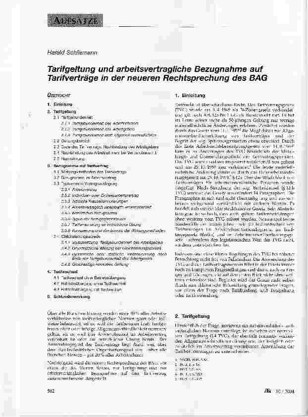 Vorschauseite 1: Tarifgeltung und arbeitsvertragliche Bezugnahme auf Tarifverträge in der neueren Rechtsprechung des BAG