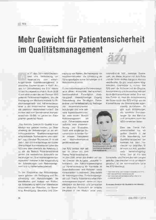 Vorschauseite 1: Mehr Gewicht für Patientensicherheit im Quaiitätsmanagement