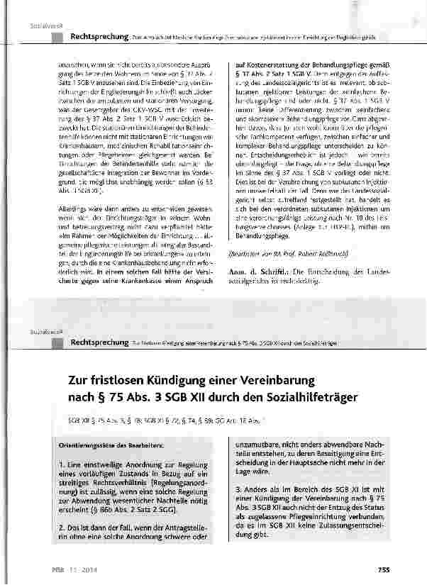 Vorschauseite 1: Zur fristlosen Kündigung einer Vereinbarung nach § 75 Abs. 3 SGB XII durch den Sozialhilfeträger SCB XII § 75 Abs. 3, § 78; SGB XI § 72, § 74, § 89; GG Art. 12 Abs. 1