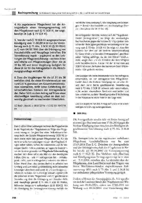 Vorschauseite 2: Zur fristlosen Kündigung einer Vereinbarung nach § 75 Abs. 3 SGB XII durch den Sozialhilfeträger SCB XII § 75 Abs. 3, § 78; SGB XI § 72, § 74, § 89; GG Art. 12 Abs. 1