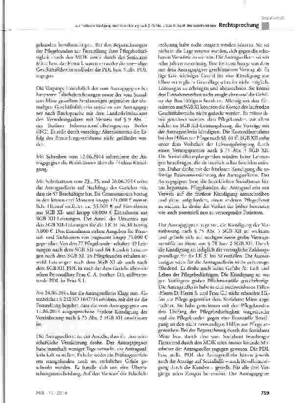 Vorschauseite 5: Zur fristlosen Kündigung einer Vereinbarung nach § 75 Abs. 3 SGB XII durch den Sozialhilfeträger SCB XII § 75 Abs. 3, § 78; SGB XI § 72, § 74, § 89; GG Art. 12 Abs. 1