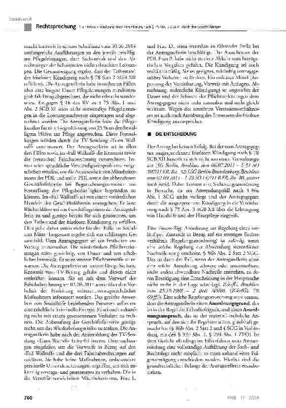 Vorschauseite 6: Zur fristlosen Kündigung einer Vereinbarung nach § 75 Abs. 3 SGB XII durch den Sozialhilfeträger SCB XII § 75 Abs. 3, § 78; SGB XI § 72, § 74, § 89; GG Art. 12 Abs. 1
