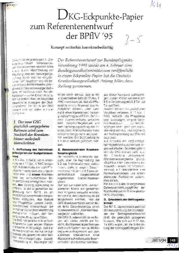 Vorschauseite 1: DKG-Eckpunkte-Papier zum Referentenentwurf der BPflV95 Konzept weiterhin korrekturbedürftig