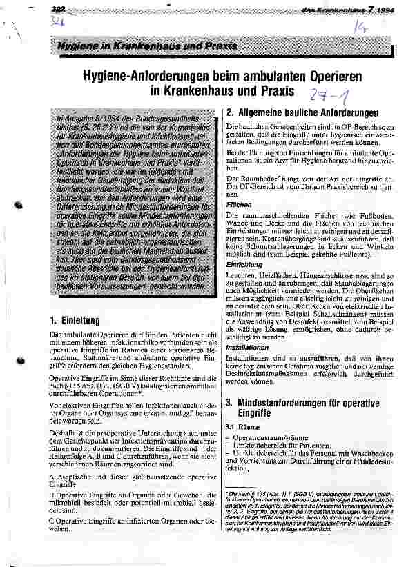 Vorschauseite 1: Hygiene-Anforderungen beim ambulanten Operieren in Krankenhaus und Pra xis (aus: Bundesgesundheitsblatt 5/94)