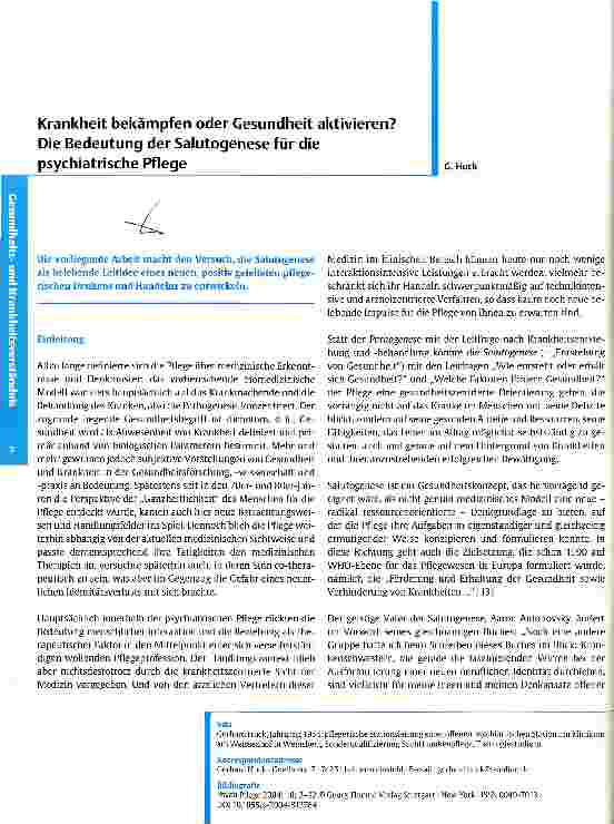 Vorschauseite 1: Krankheit bekämpfen oder Gesundheit aktivieren? Die Bedeutung der Salutogenese für die psychiatrische Pflege