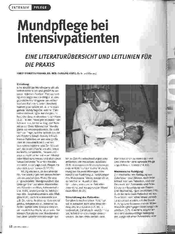 Vorschauseite 1: Mundpflege bei IntensivpatientenEINE LITERATURUBERSICHTUND LEITLINIEN FÜR DIE PRAXIS