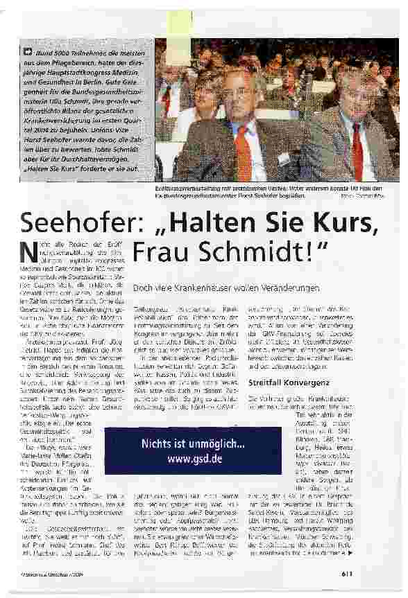 Vorschauseite 1: Seehofer: Halten Sie Kurs, Frau Schmidt!Doch viele Krankenhäuser wollen Veränderungen