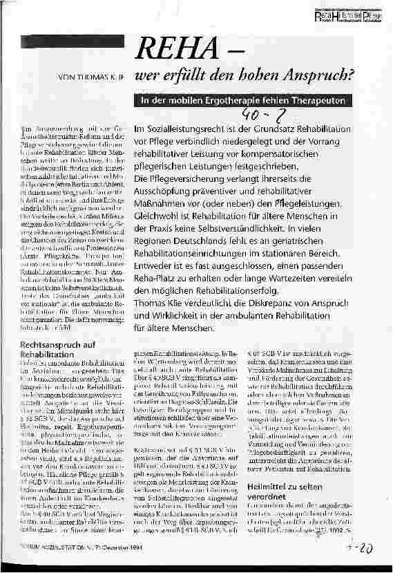 Vorschauseite 1: Reha - wer erfüllt den hohen Anspruch? In der mobilen Ergotherapie fehlen Therapeuten